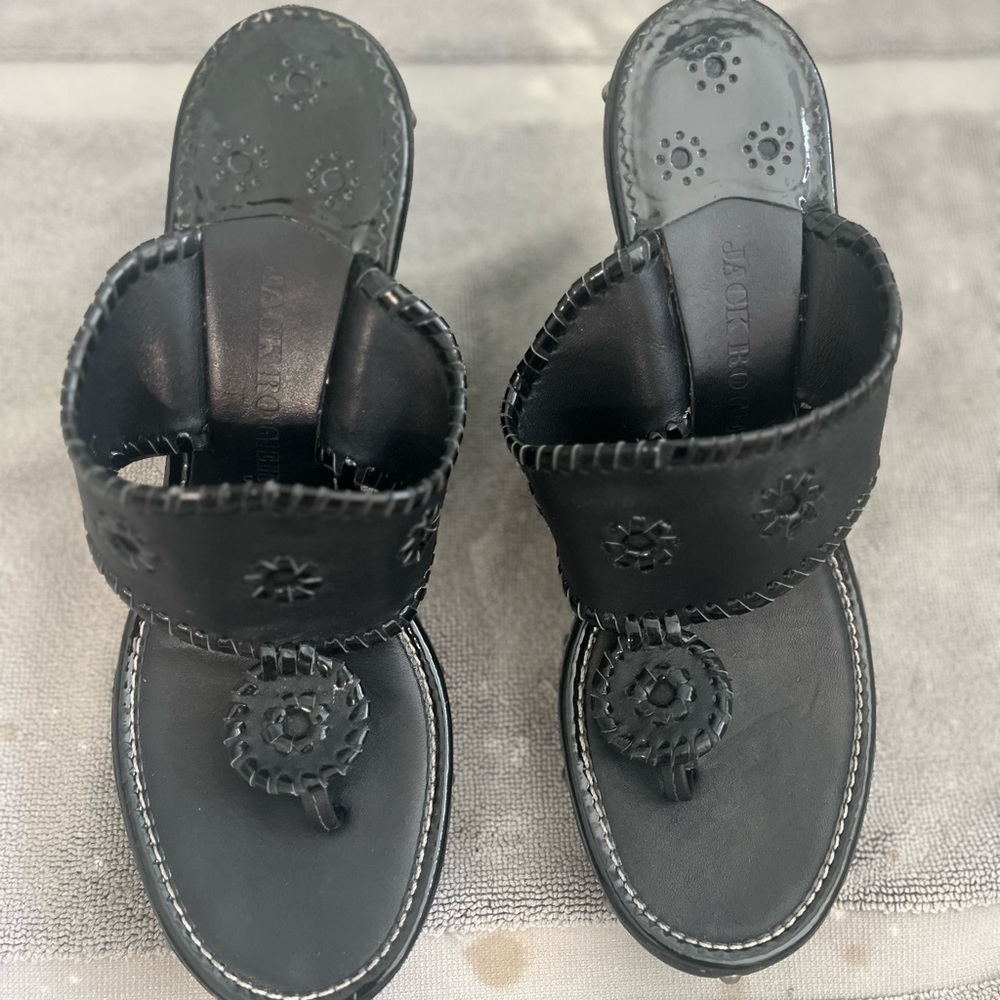 Jack Rogers Black Leather & Wood Women's wedge Sandals